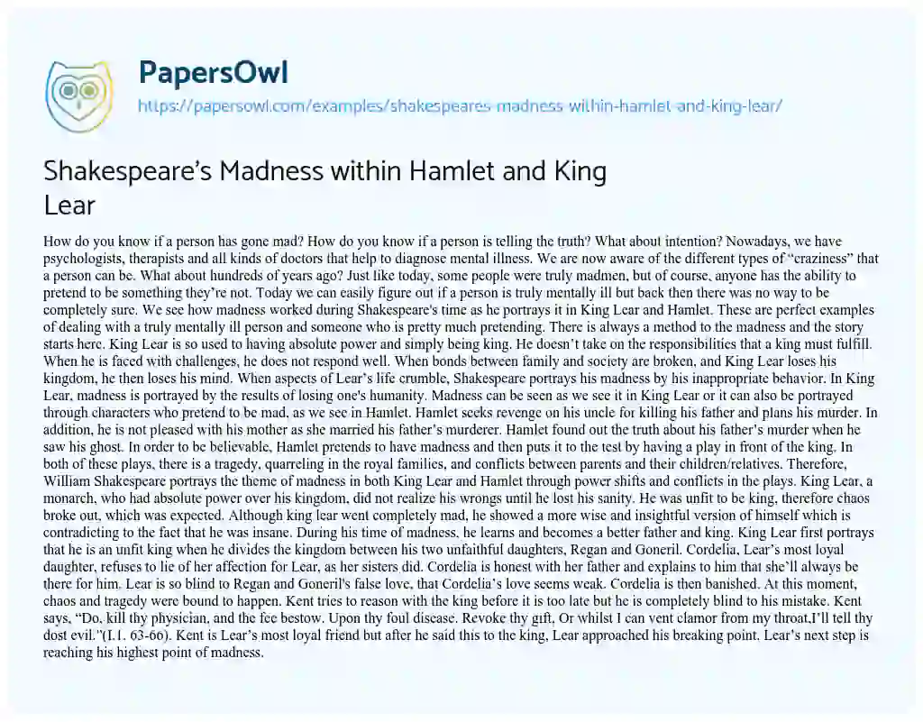 Shakespeare’s Madness Within Hamlet and King Lear essay