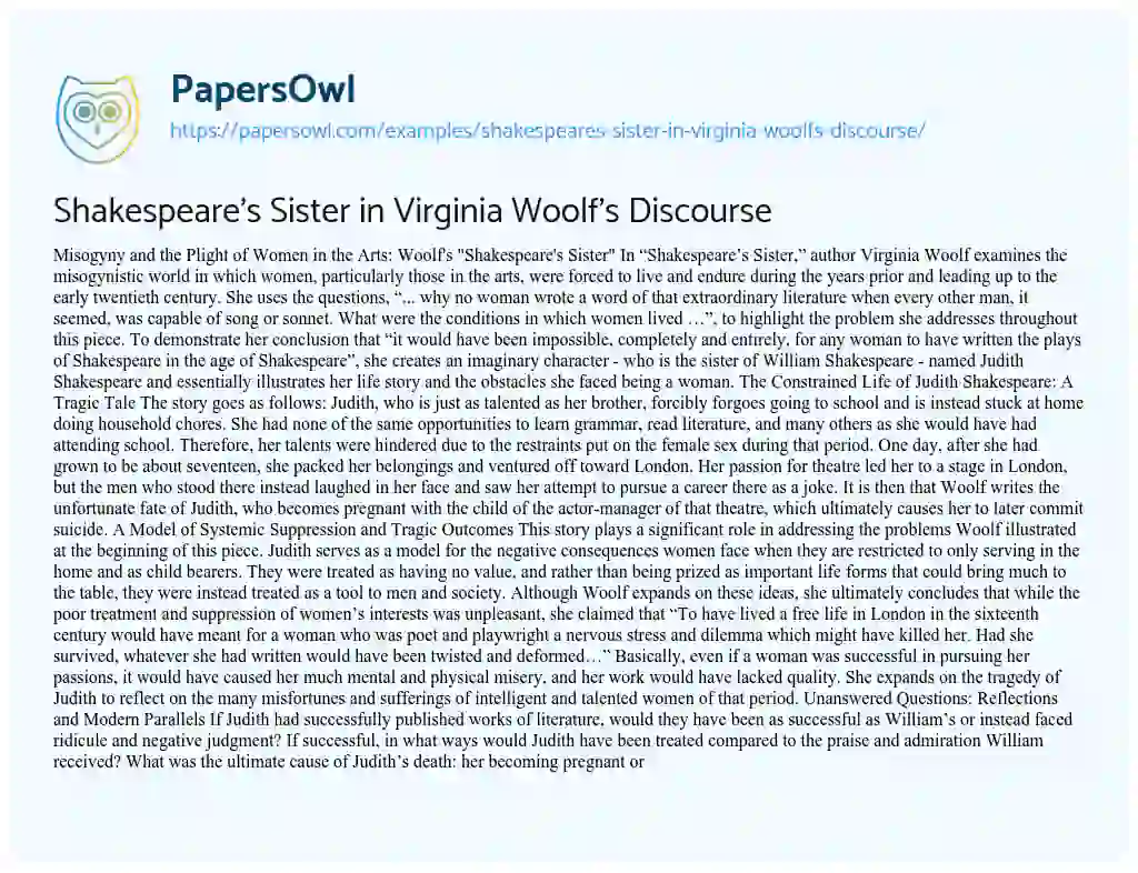 Essay on Shakespeare’s Sister in Virginia Woolf’s Discourse
