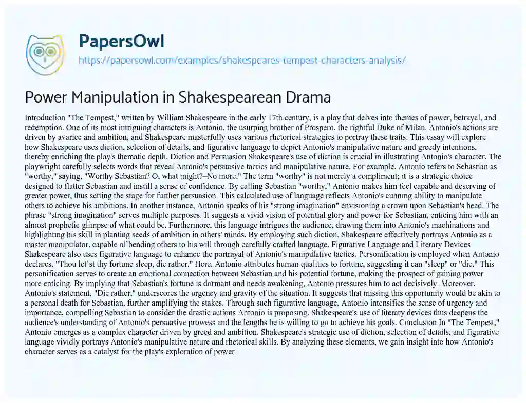 Essay on Shakespeare’s Tempest Characters Analysis