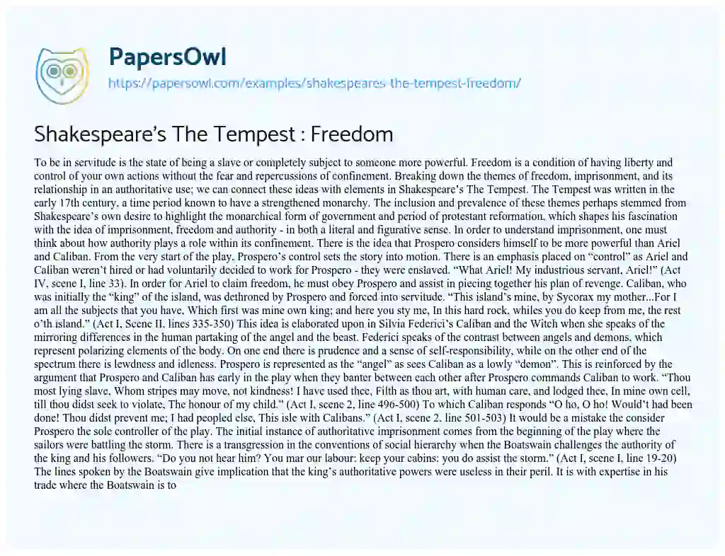Essay on Shakespeare’s the Tempest : Freedom