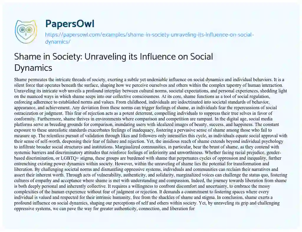 Essay on Shame in Society: Unraveling its Influence on Social Dynamics