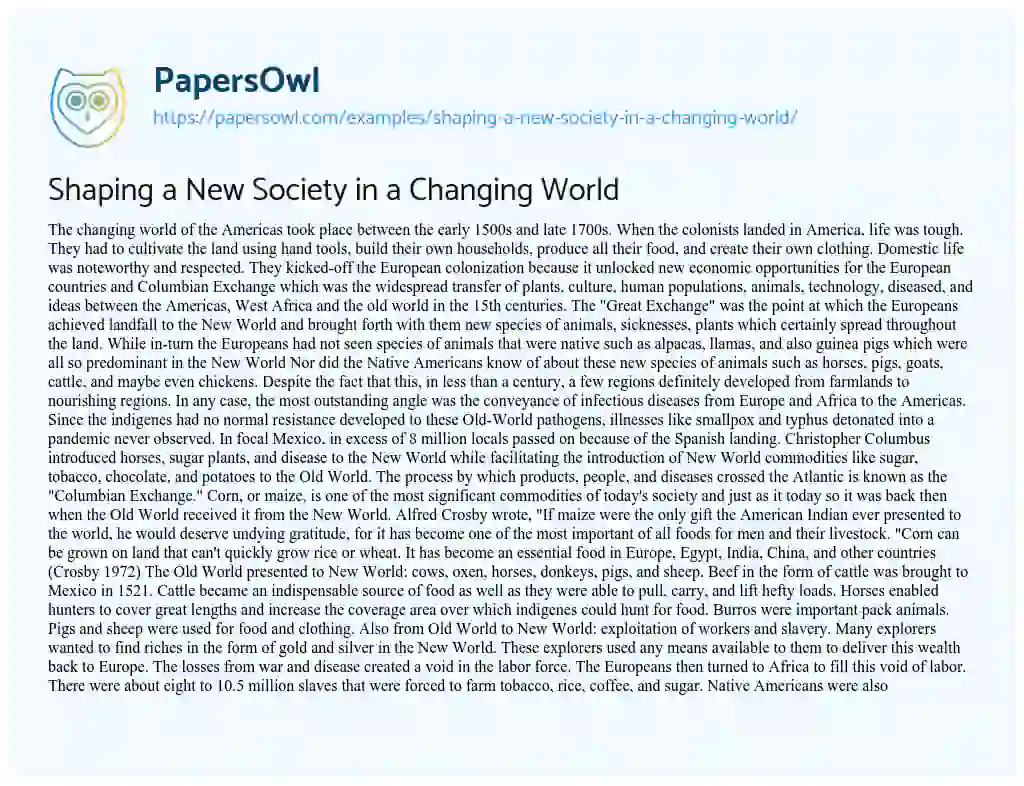 Essay on Shaping a New Society in a Changing World
