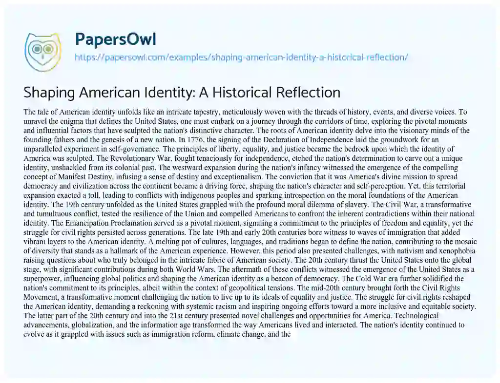 Essay on Shaping American Identity: a Historical Reflection