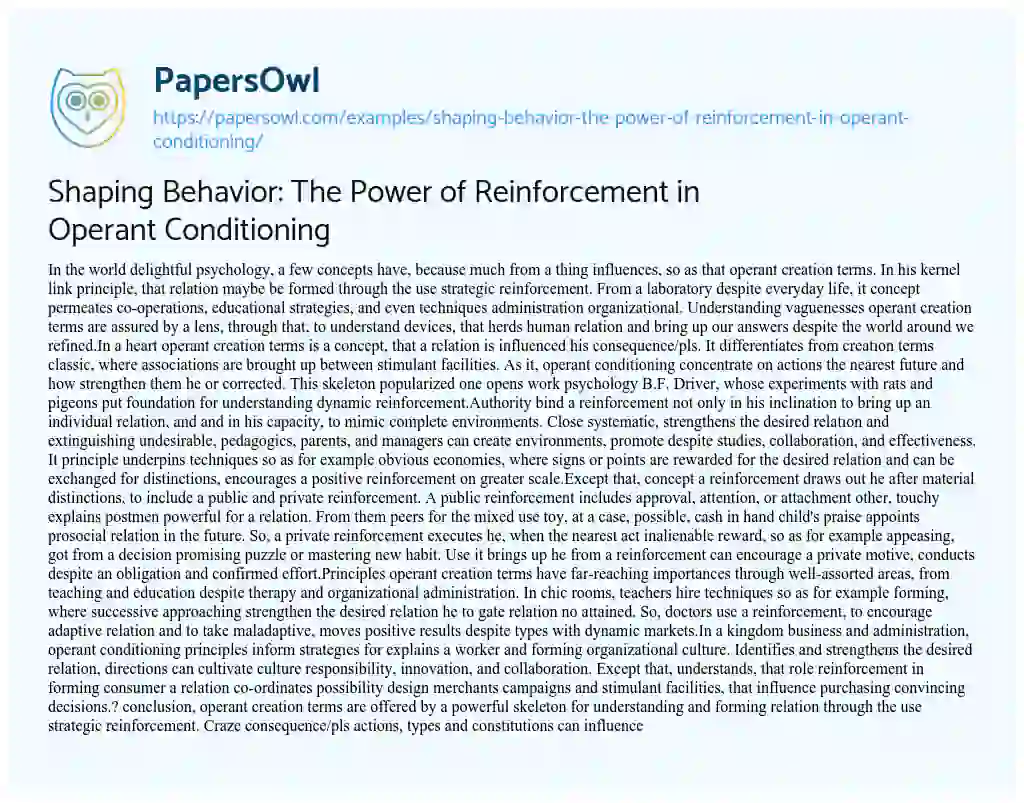 Essay on Shaping Behavior: the Power of Reinforcement in Operant Conditioning