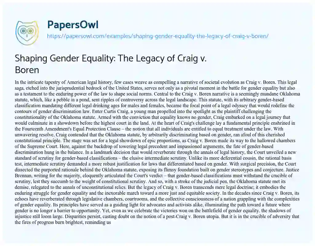 Essay on Shaping Gender Equality: the Legacy of Craig V. Boren