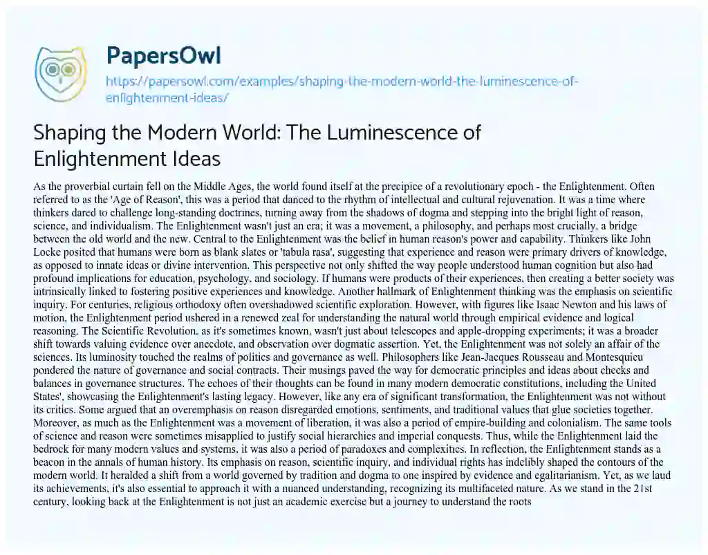 Essay on Shaping the Modern World: the Luminescence of Enlightenment Ideas