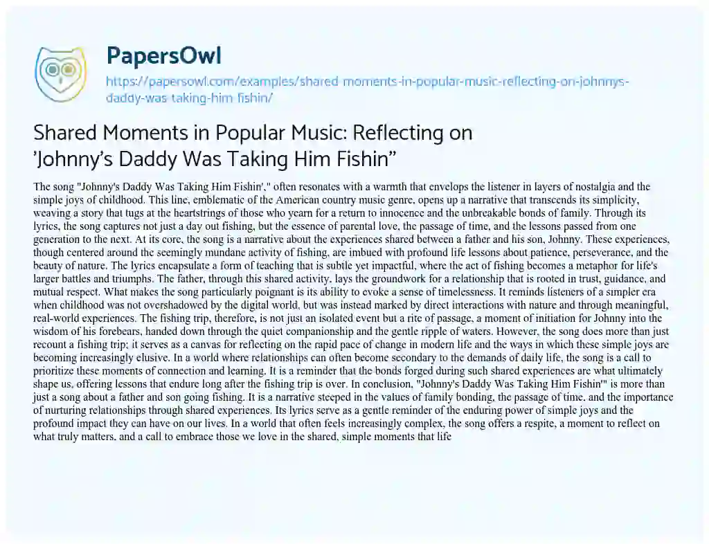 Essay on Shared Moments in Popular Music: Reflecting on ‘Johnny’s Daddy was Taking him Fishin”