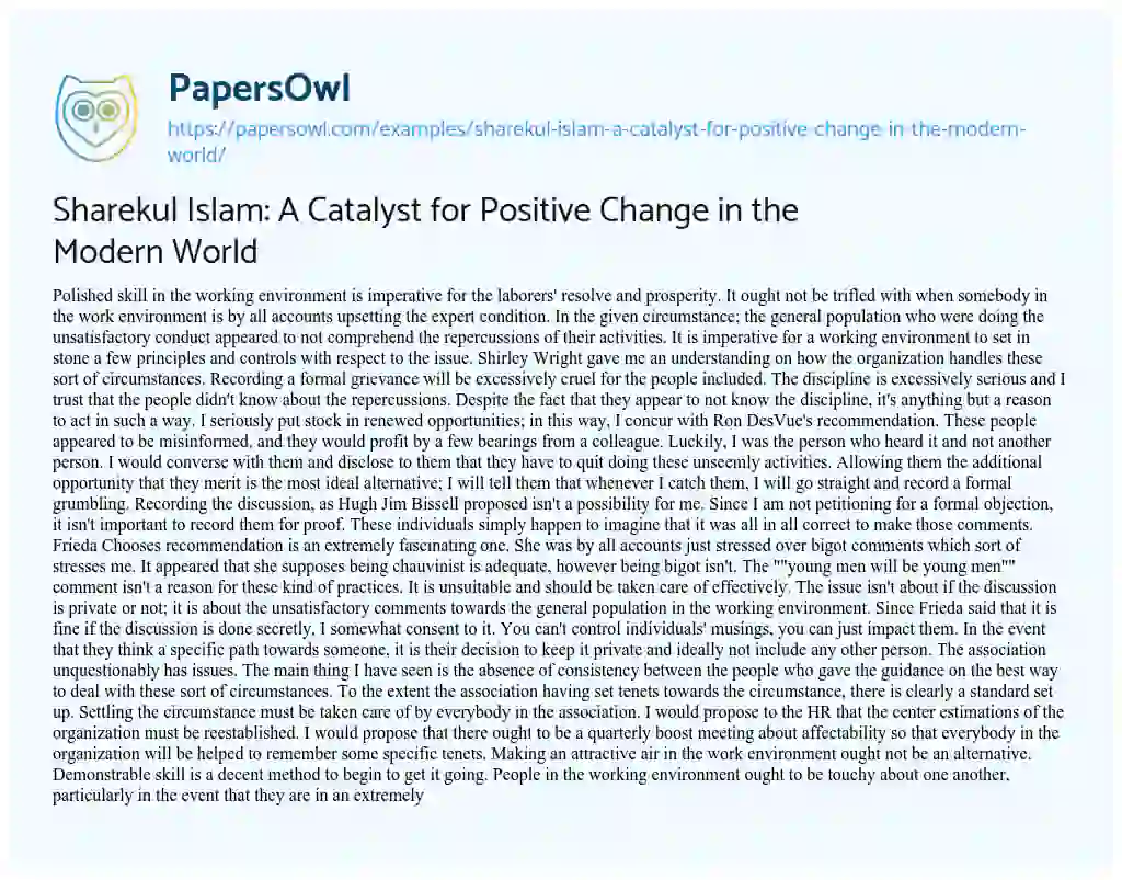 Essay on Sharekul Islam: a Catalyst for Positive Change in the Modern World