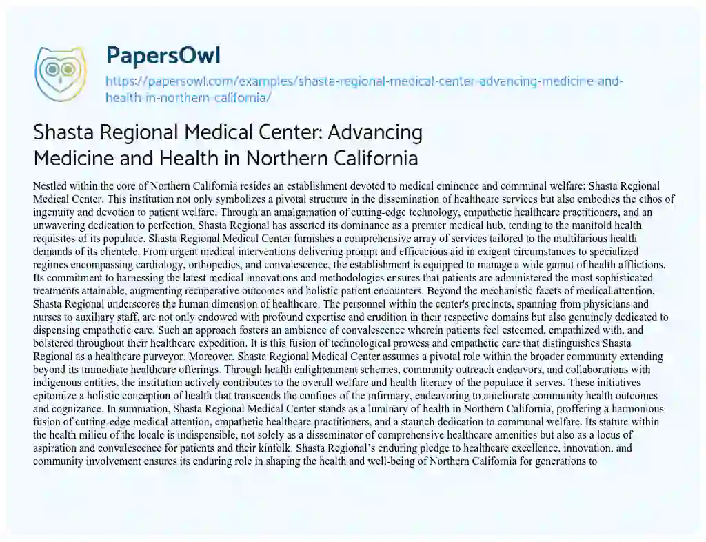 Essay on Shasta Regional Medical Center: Advancing Medicine and Health in Northern California