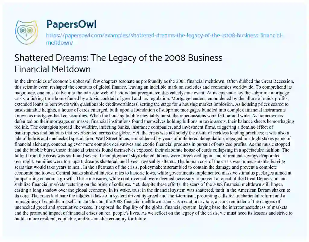 Essay on Shattered Dreams: the Legacy of the 2008 Business Financial Meltdown