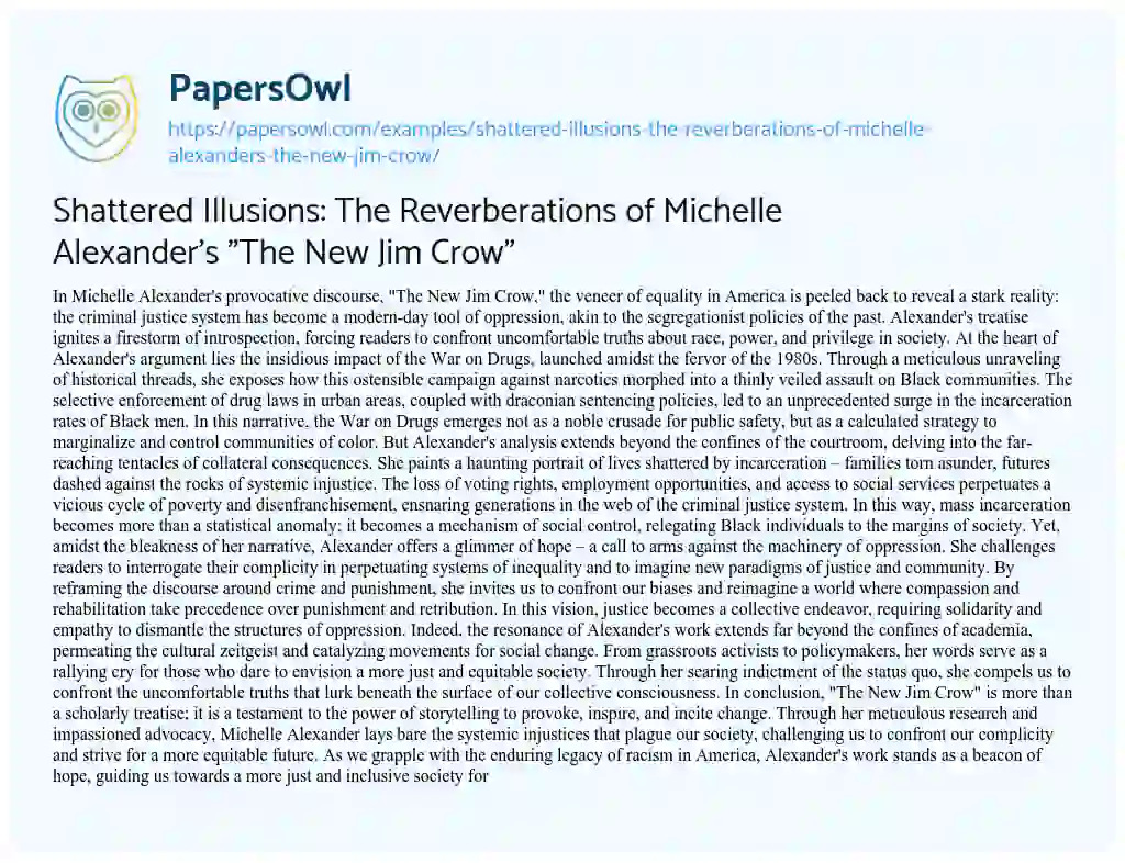 Essay on Shattered Illusions: the Reverberations of Michelle Alexander’s “The New Jim Crow”