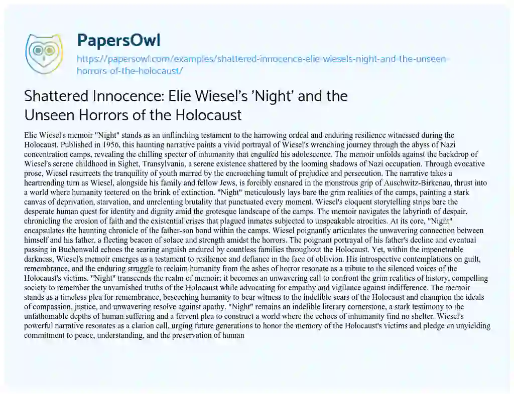 Essay on Shattered Innocence: Elie Wiesel’s ‘Night’ and the Unseen Horrors of the Holocaust