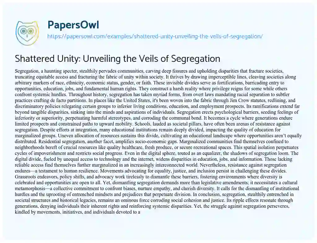Essay on Shattered Unity: Unveiling the Veils of Segregation