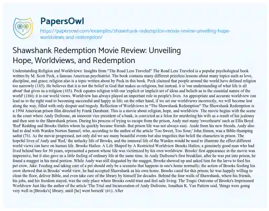 Essay on Shawshank Redemption Movie Review: Unveiling Hope, Worldviews, and Redemption