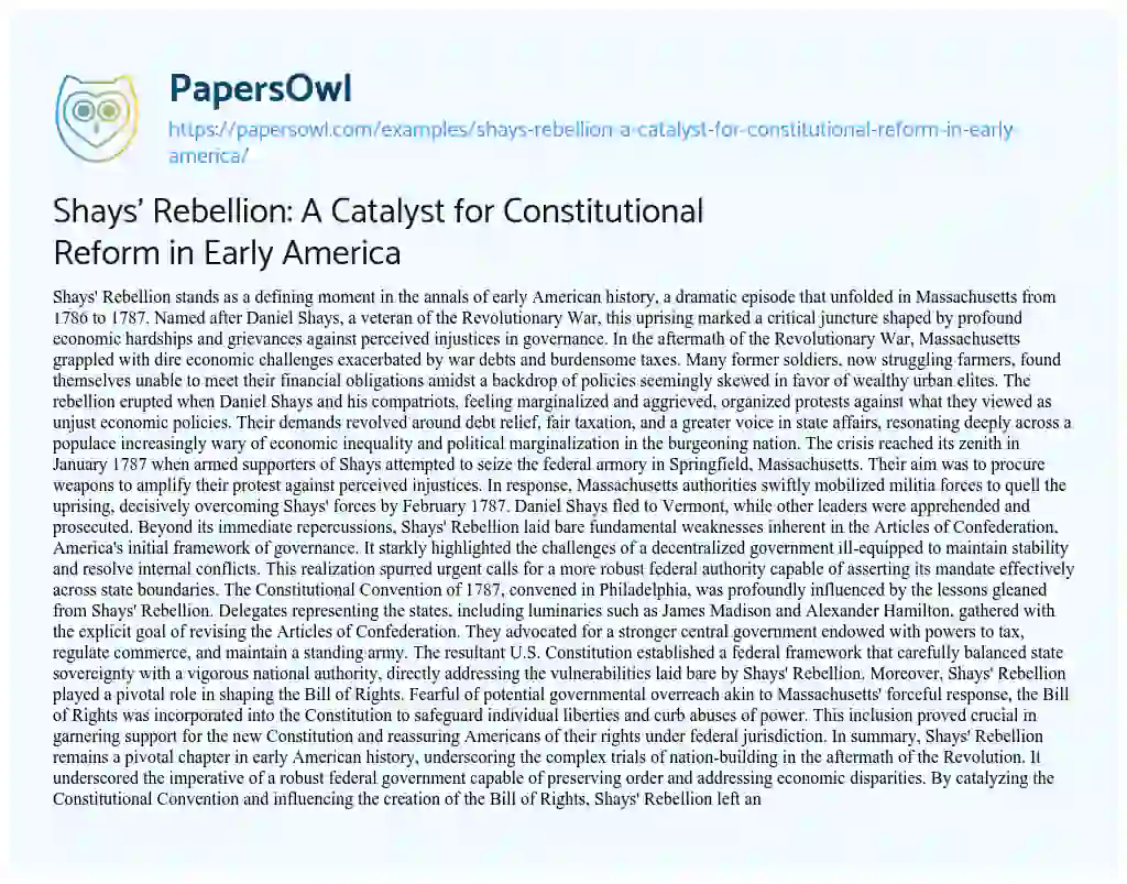 Essay on Shays’ Rebellion: a Catalyst for Constitutional Reform in Early America