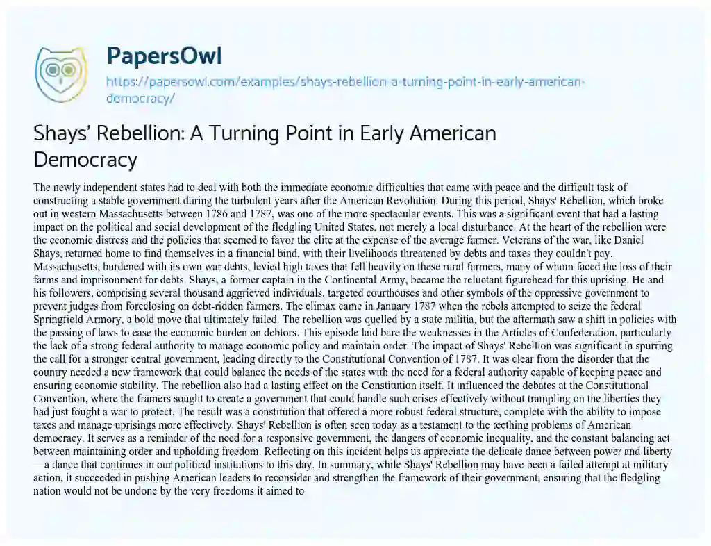 Essay on Shays’ Rebellion: a Turning Point in Early American Democracy
