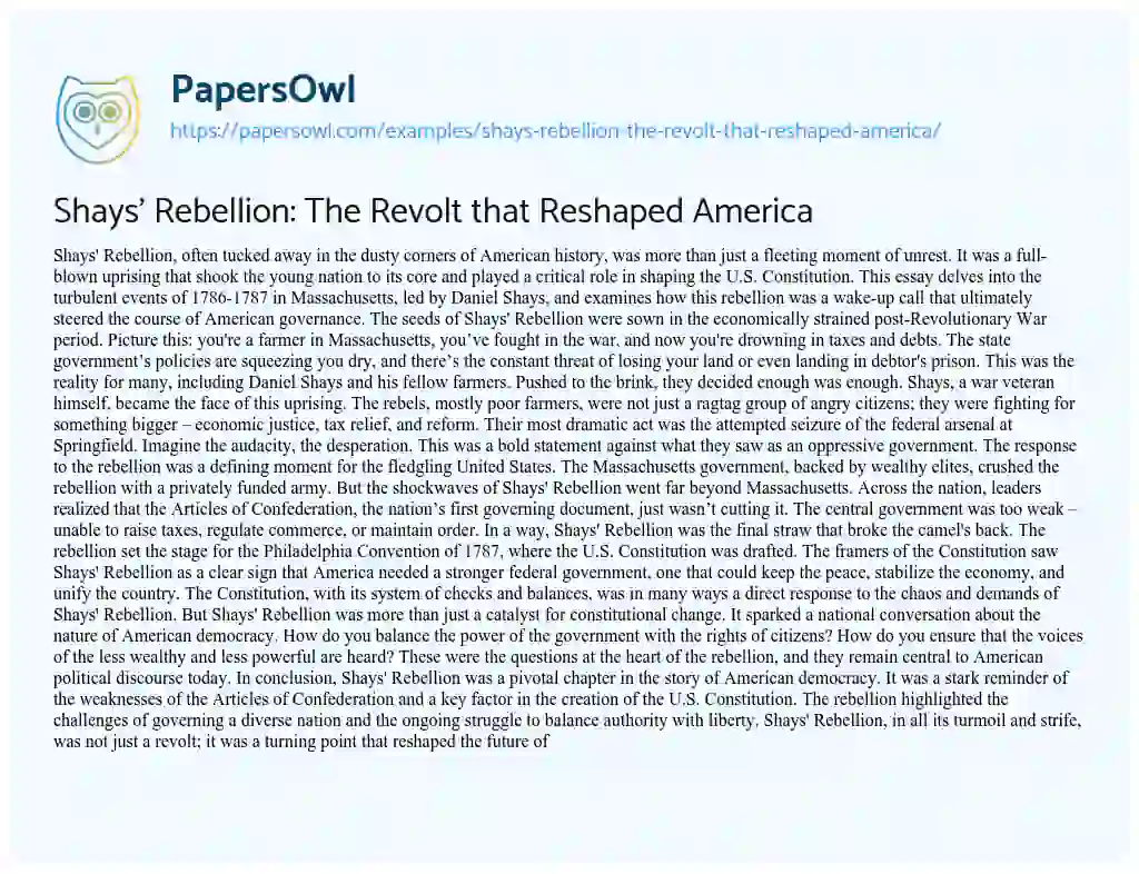 Essay on Shays’ Rebellion: the Revolt that Reshaped America