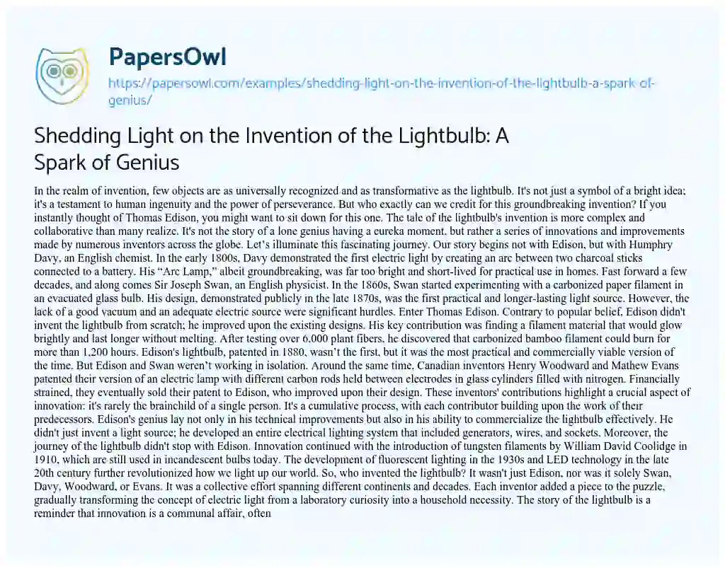 Essay on Shedding Light on the Invention of the Lightbulb: a Spark of Genius