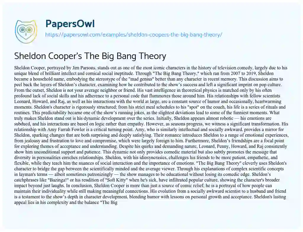 Essay on Sheldon Cooper’s the Big Bang Theory