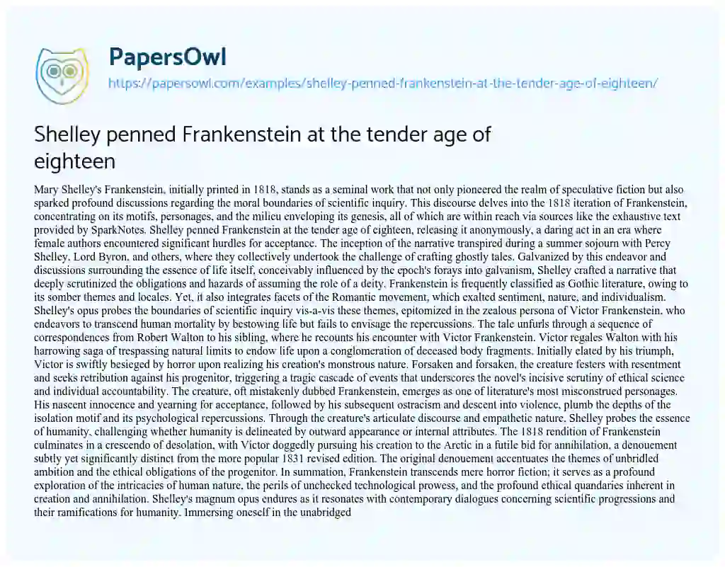 Essay on Shelley Penned Frankenstein at the Tender Age of Eighteen