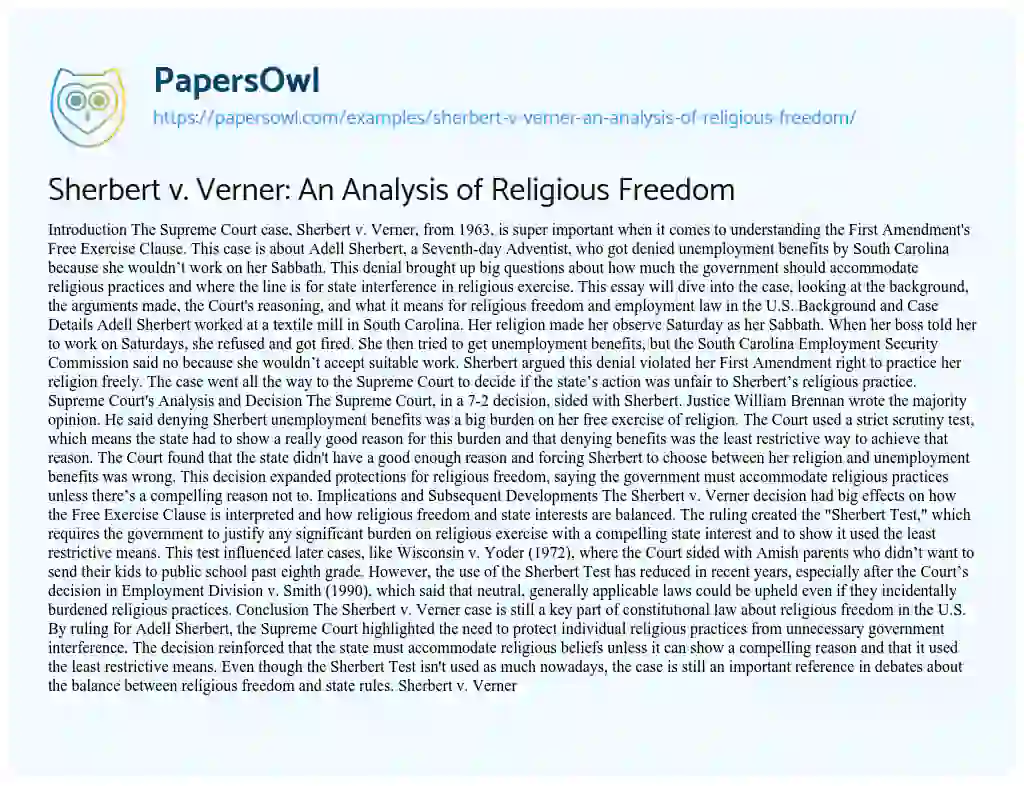 Essay on Sherbert V. Verner: an Analysis of Religious Freedom