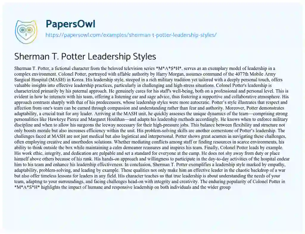 Essay on Sherman T. Potter Leadership Styles