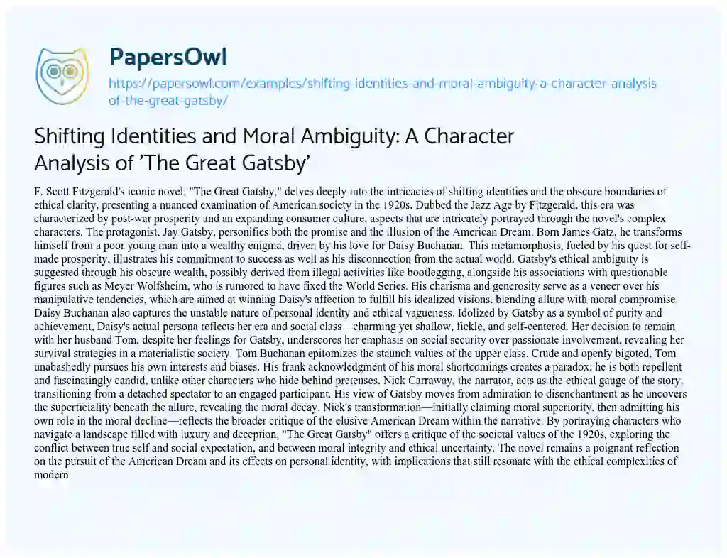 Essay on Shifting Identities and Moral Ambiguity: a Character Analysis of ‘The Great Gatsby’