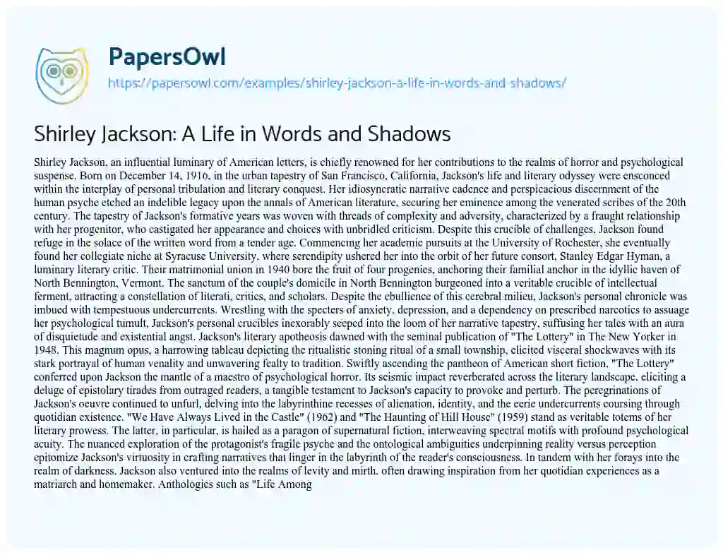 Essay on Shirley Jackson: a Life in Words and Shadows