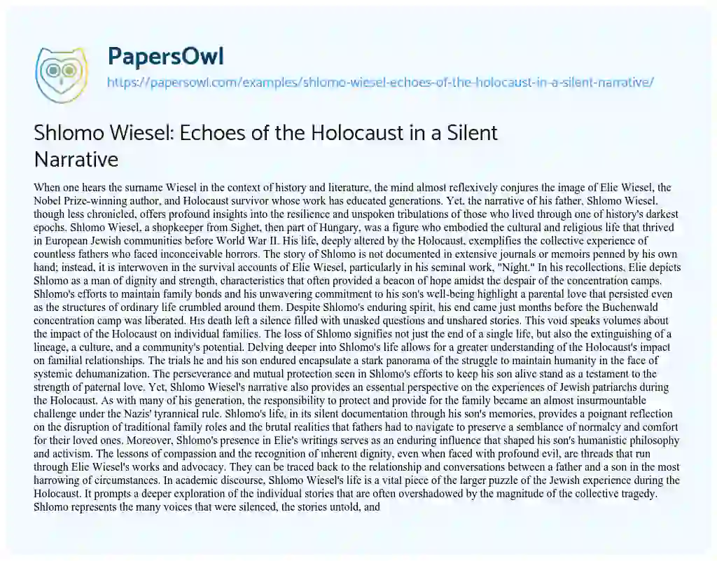Essay on Shlomo Wiesel: Echoes of the Holocaust in a Silent Narrative