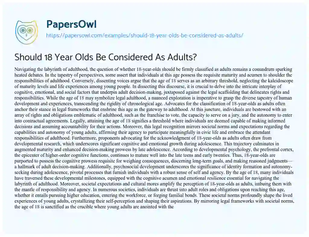 Essay on Should 18 Year Olds be Considered as Adults?