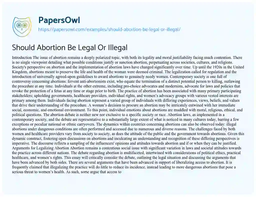 Essay on Should Abortion Be Legal Or Illegal