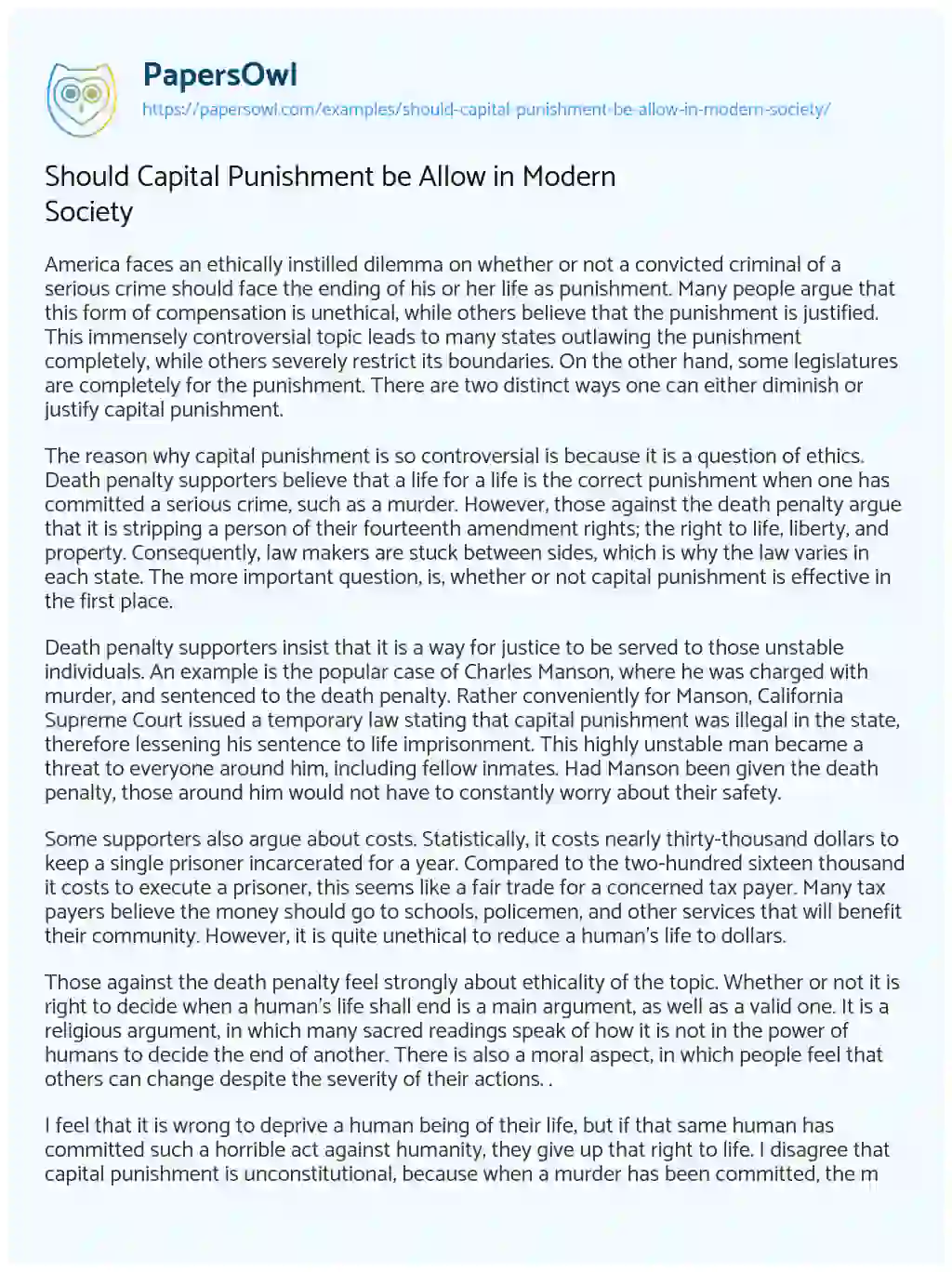 Should Capital Punishment be Allow in Modern Society essay