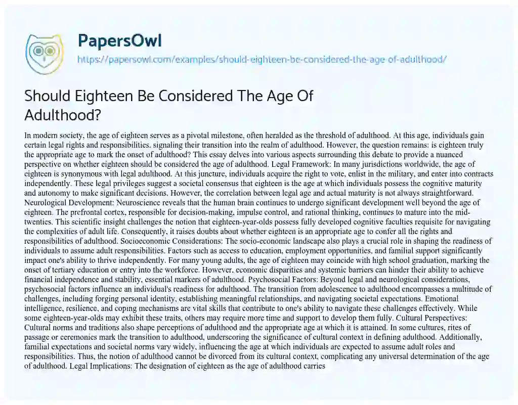 Essay on Should Eighteen be Considered the Age of Adulthood?