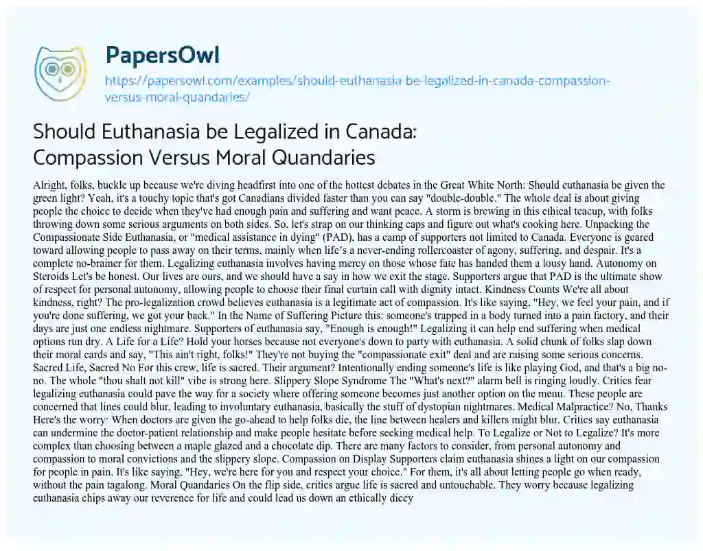 Essay on Should Euthanasia be Legalized in Canada: Compassion Versus Moral Quandaries