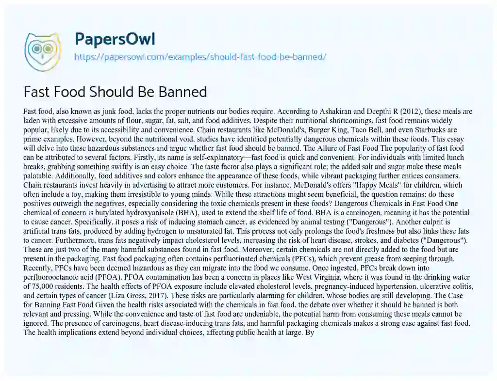 Essay on Should Fast Food be Banned