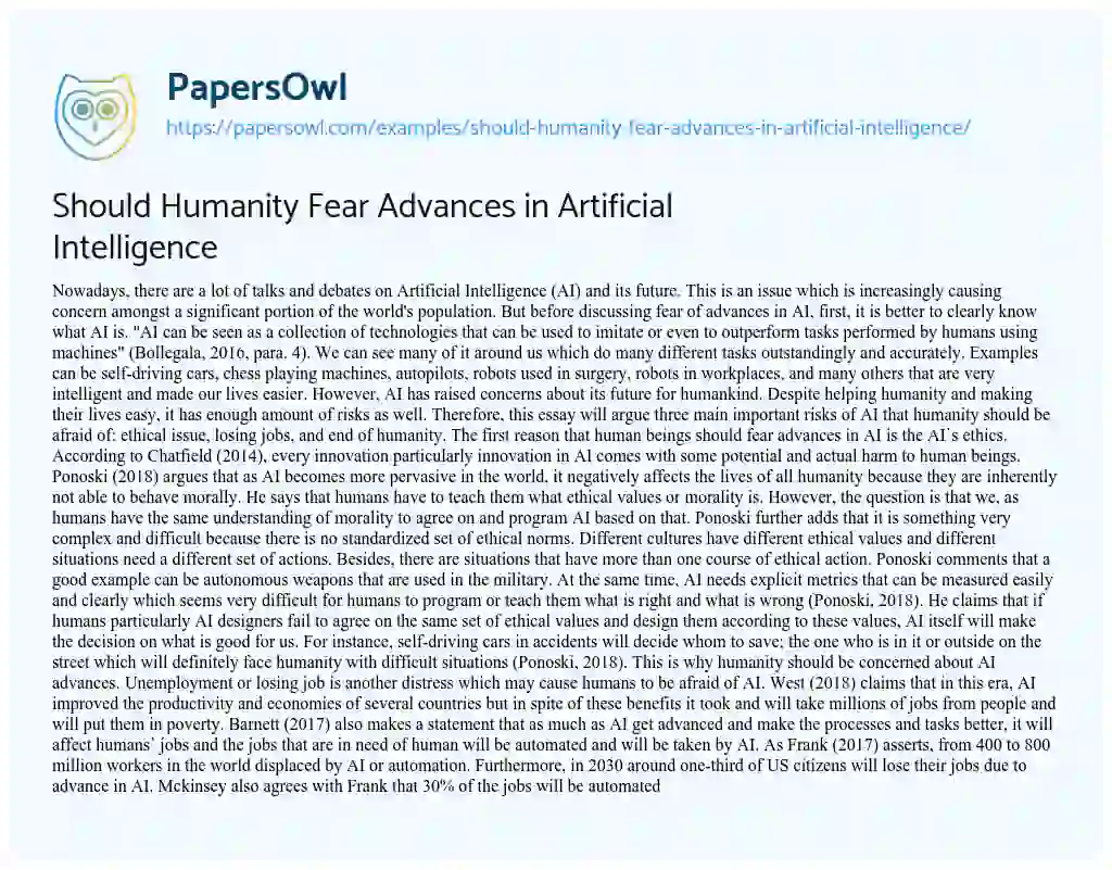 Essay on Should Humanity Fear Advances in Artificial Intelligence