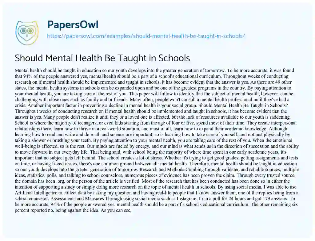 Essay on Should Mental Health be Taught in Schools