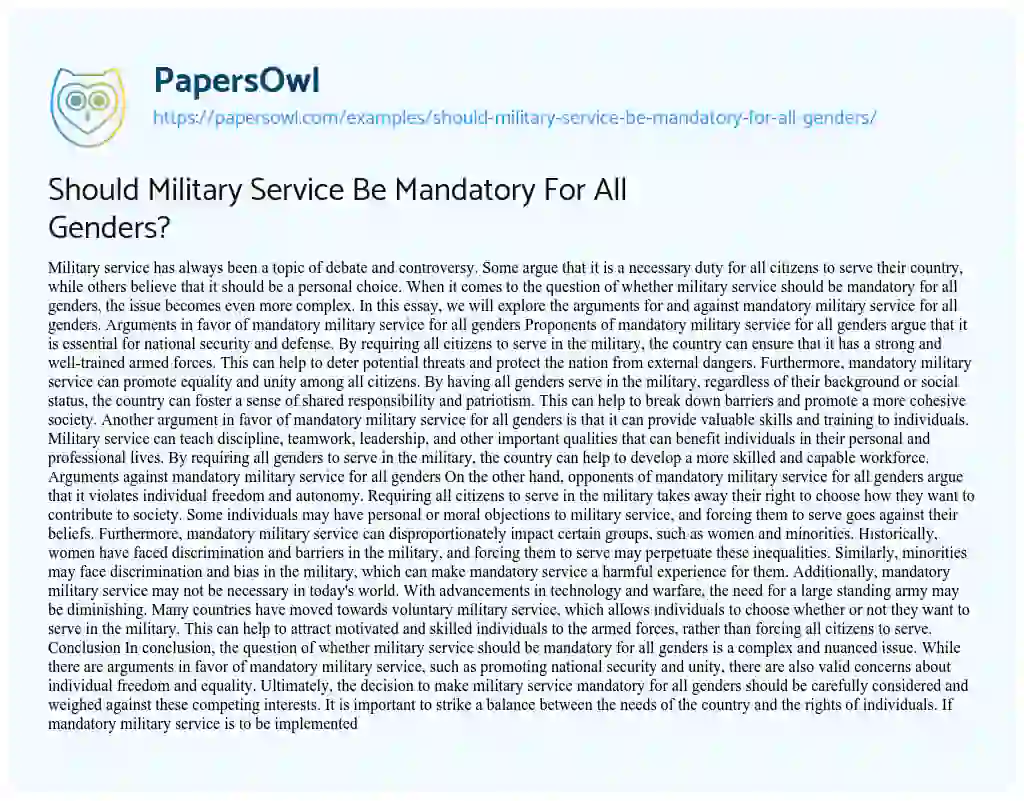 Essay on Should Military Service Be Mandatory For All Genders?