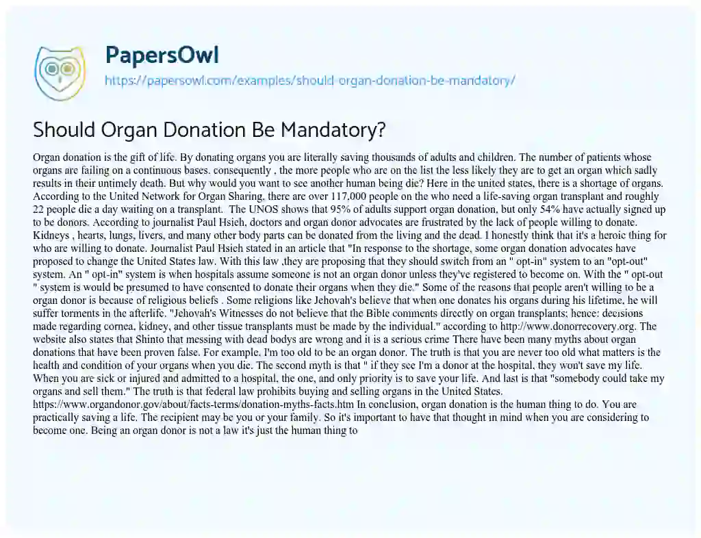 Essay on Should Organ Donation be Mandatory?