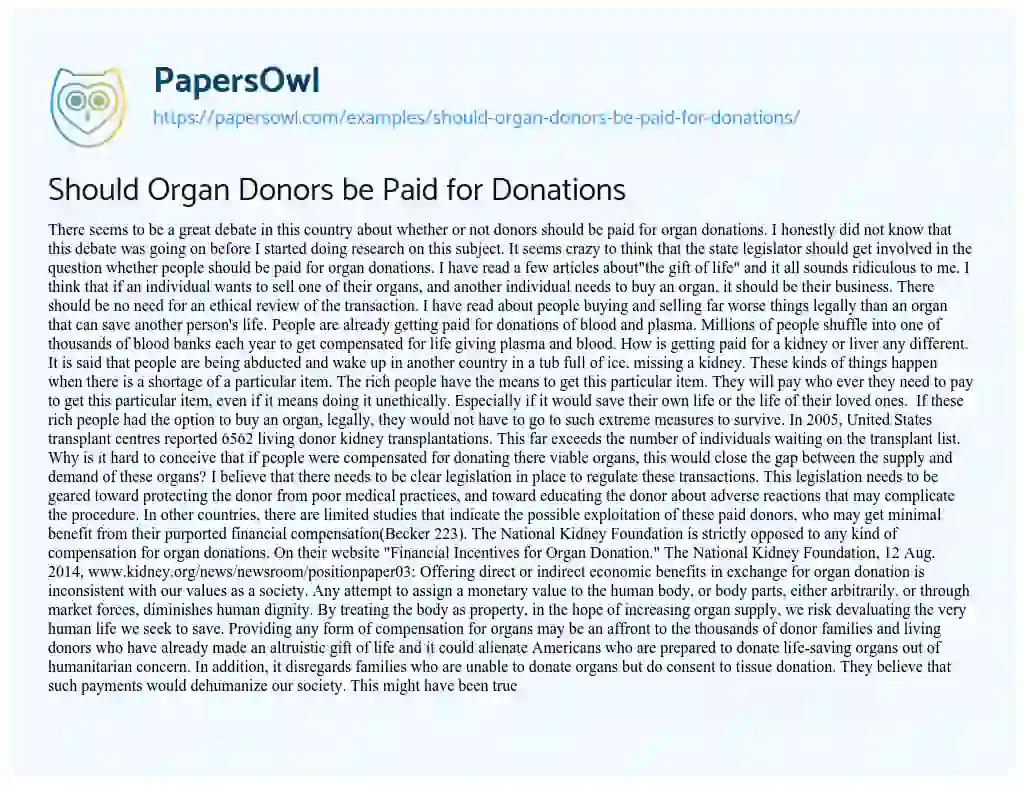 Essay on Should Organ Donors be Paid for Donations