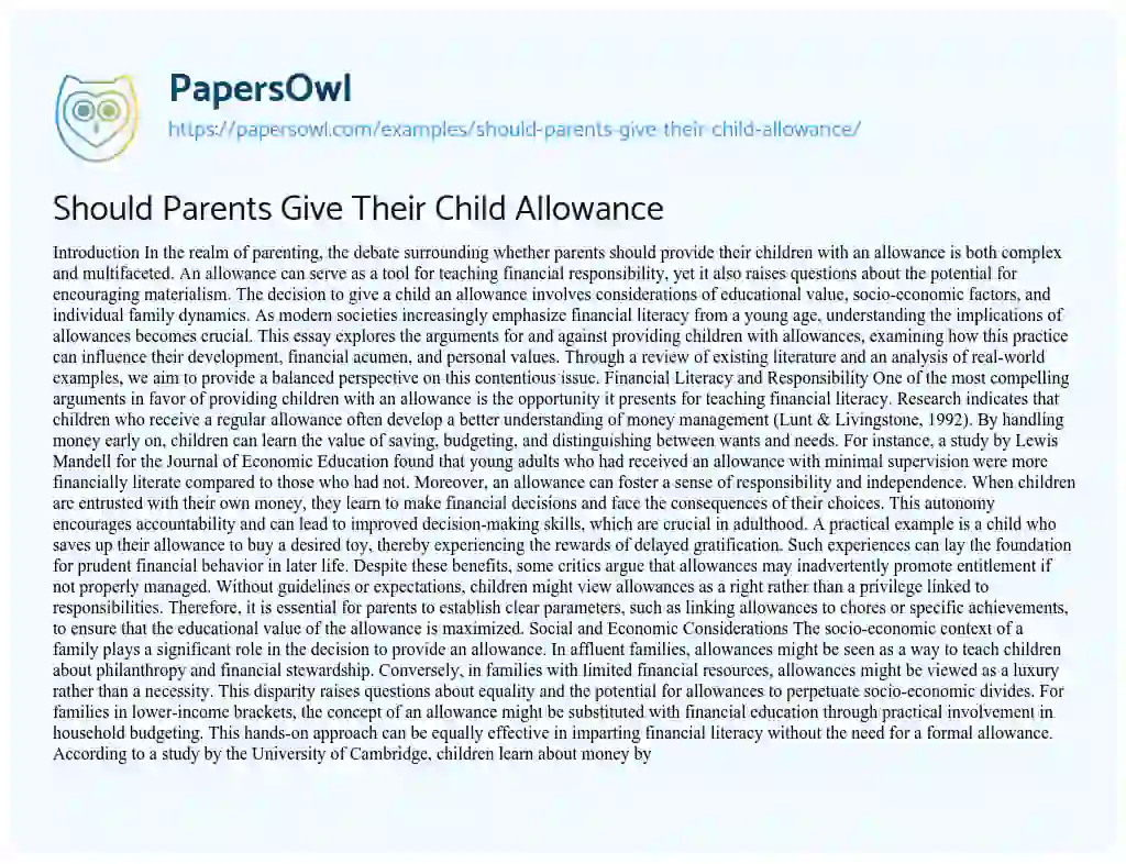 Essay on Should Parents Give Their Child Allowance