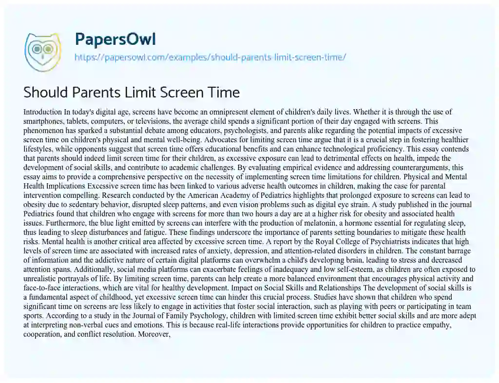 Essay on Should Parents Limit Screen Time