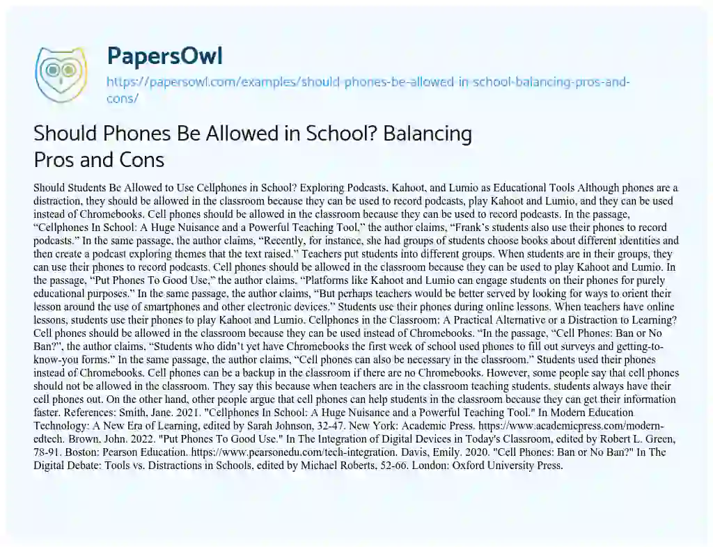 Essay on Should Phones be Allowed in School? Balancing Pros and Cons