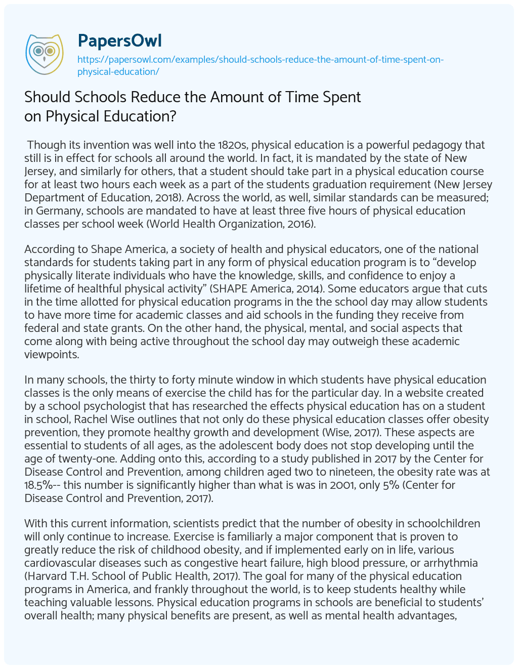 Essay on Should Schools Reduce the Amount of Time Spent on Physical Education?