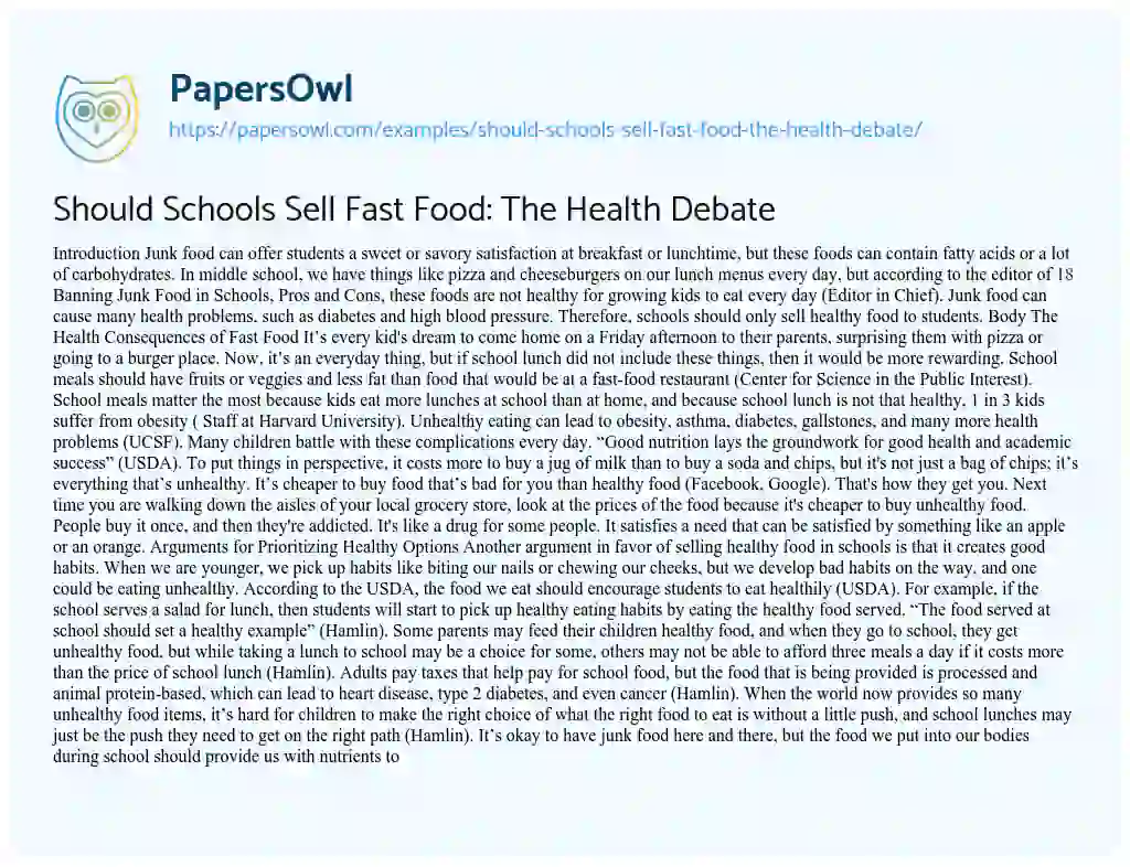 Essay on Should Schools Sell Fast Food: the Health Debate