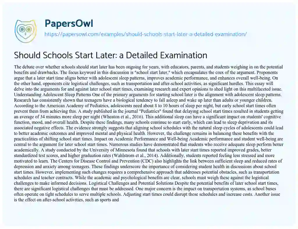 Essay on Should Schools Start Later: a Detailed Examination