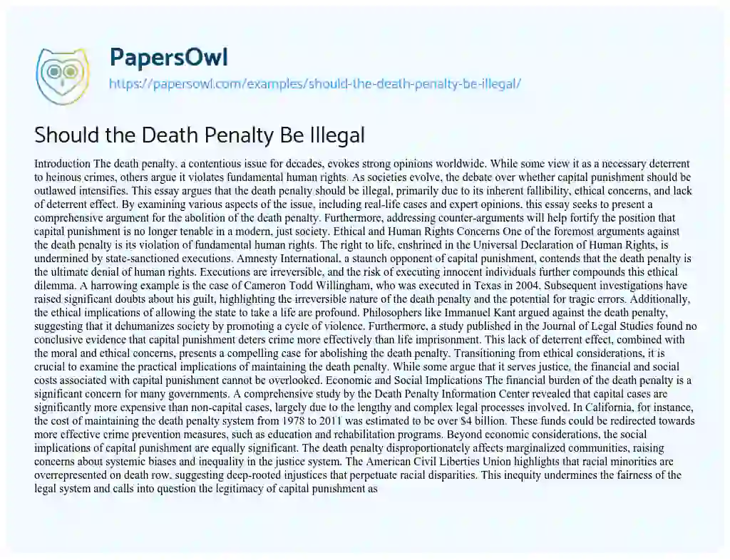 Essay on Should the Death Penalty Be Illegal