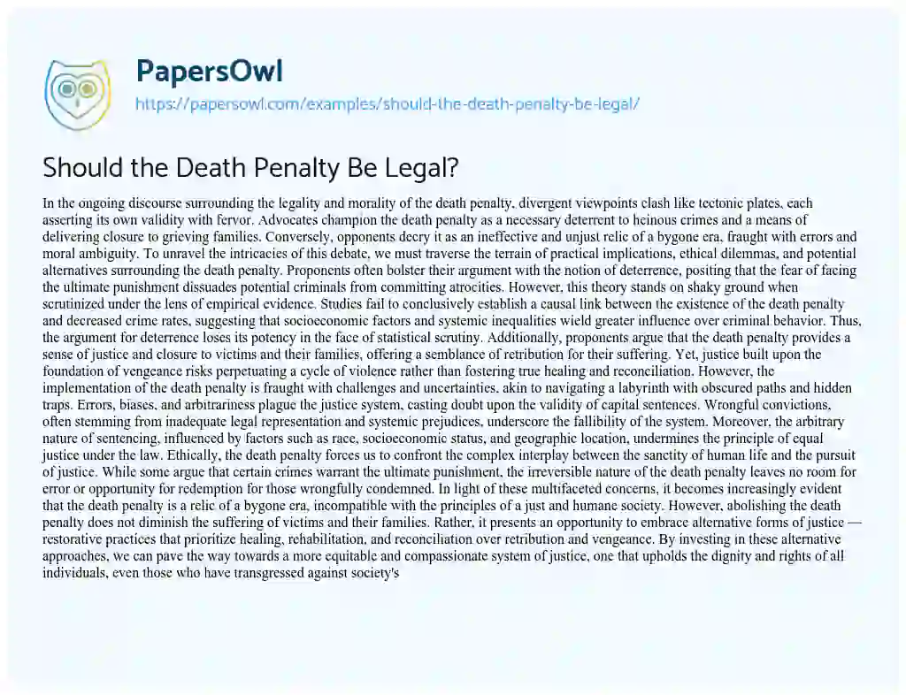 Essay on Should the Death Penalty be Legal?