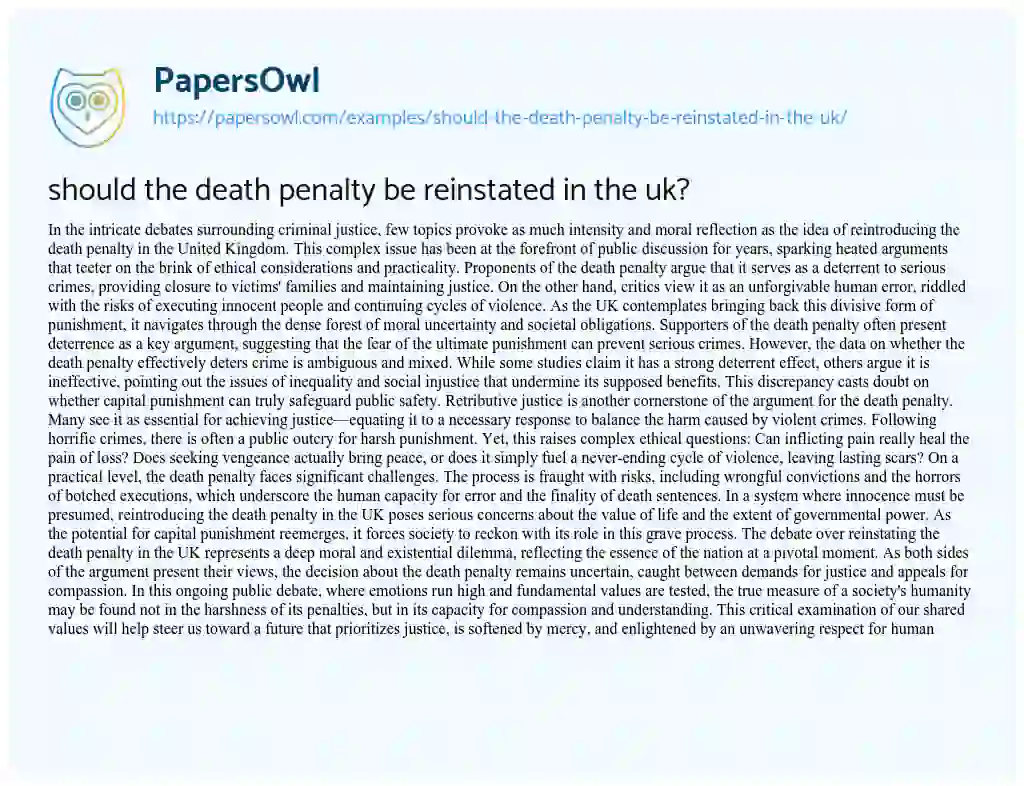 Essay on should the Death Penalty be Reinstated in the Uk?