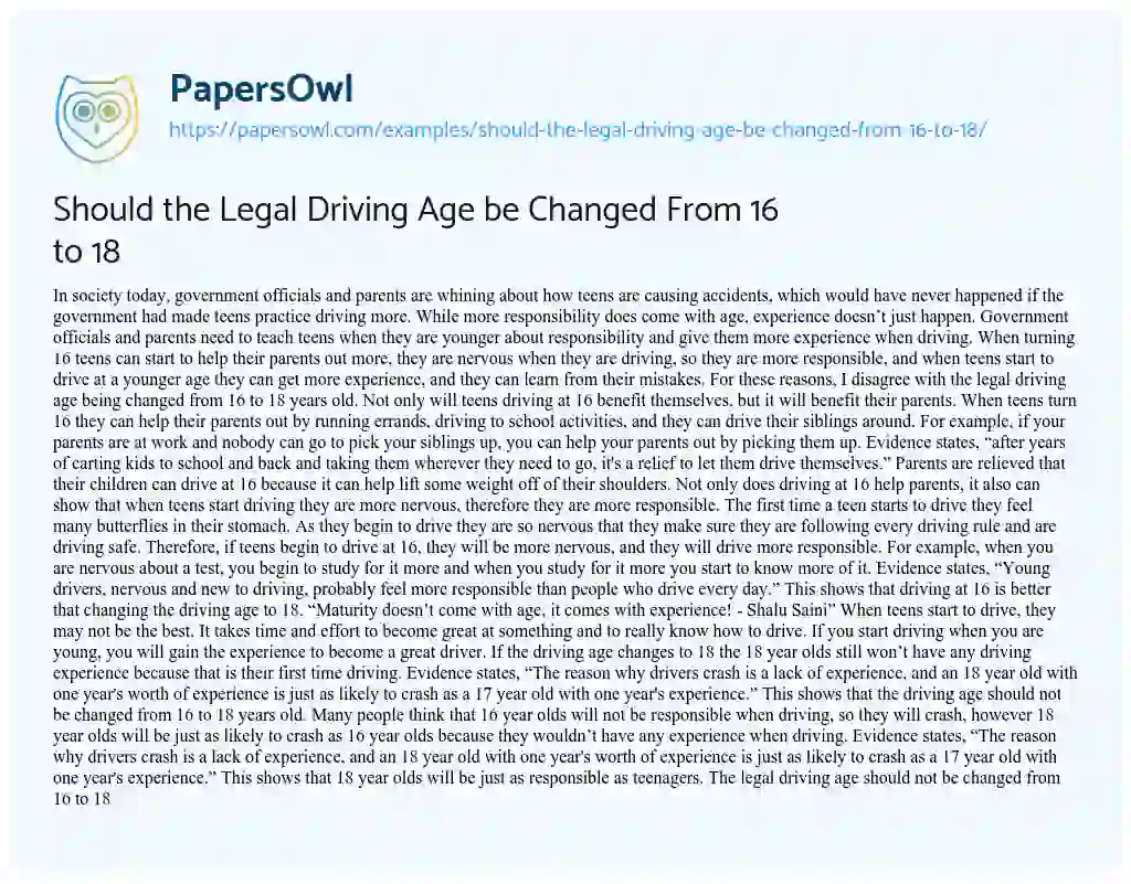 Essay on Should the Legal Driving Age be Changed from 16 to 18